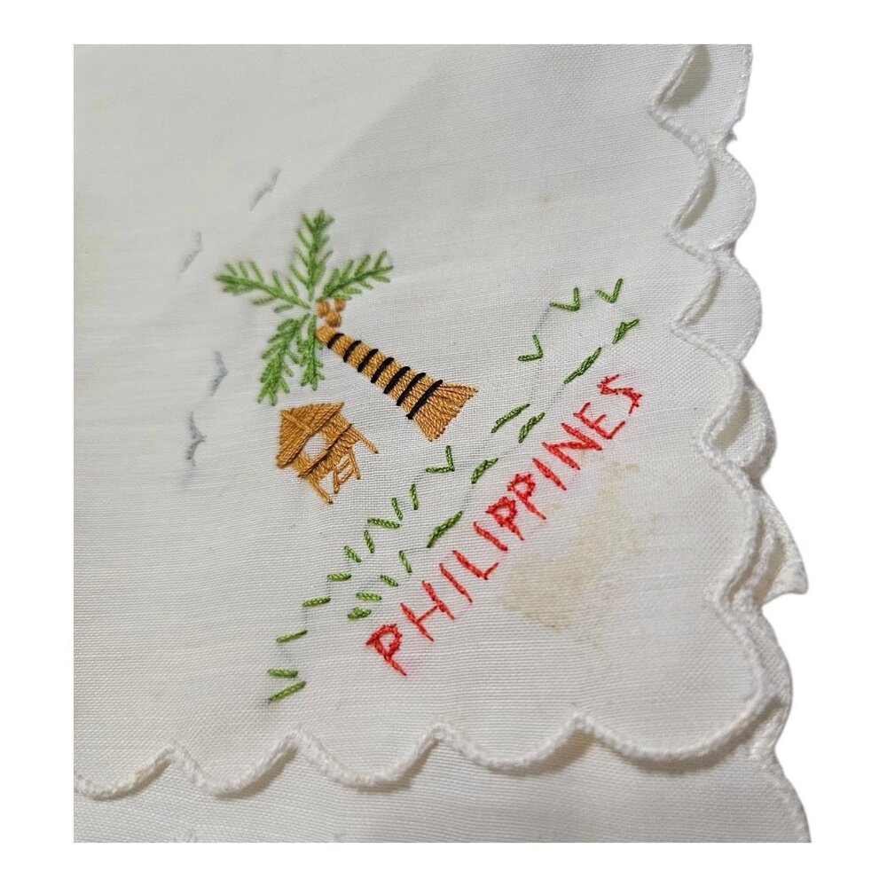 Vintage Handkerchief Hankie Philippines Stitched Straw Hut Bull Ox Palm Tree - Picture 10 of 13
